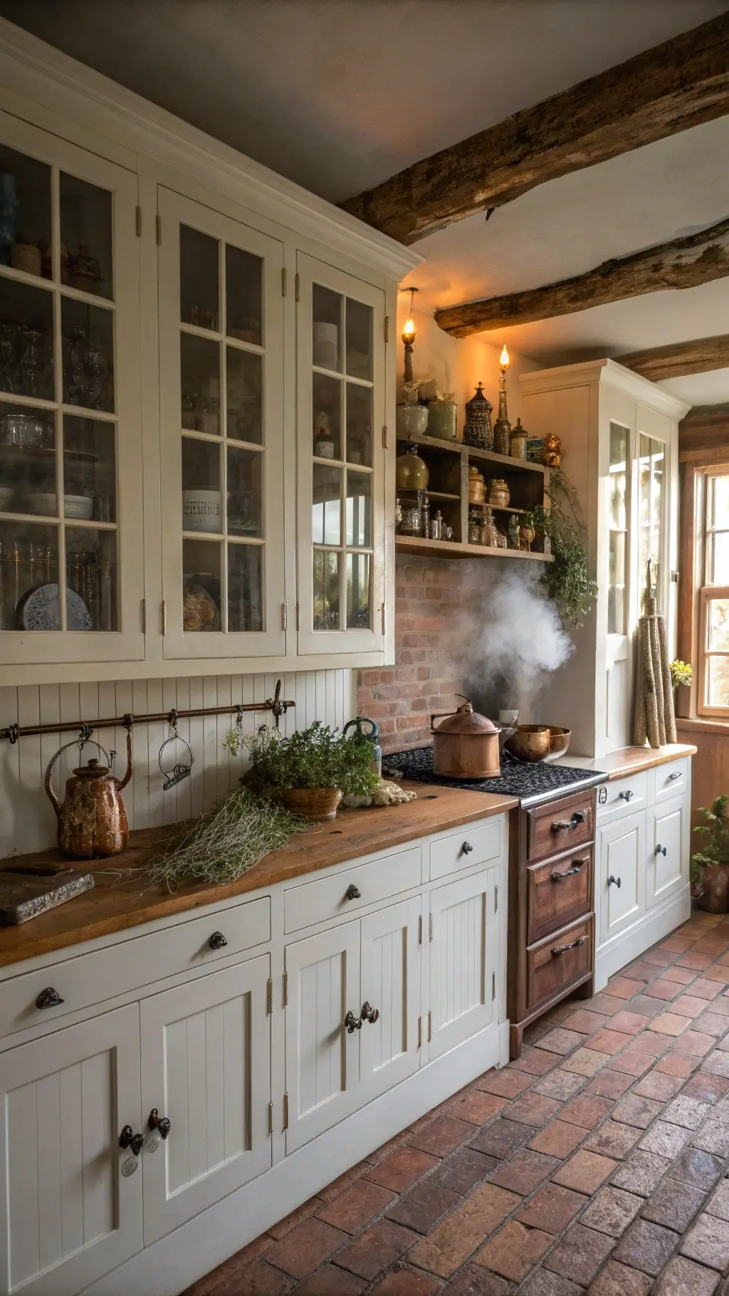 Heritage Farmhouse Kitchen Heritage farmhouse kitchen with tall white cabinets, exposed brick, soapstone counters, and copper pots