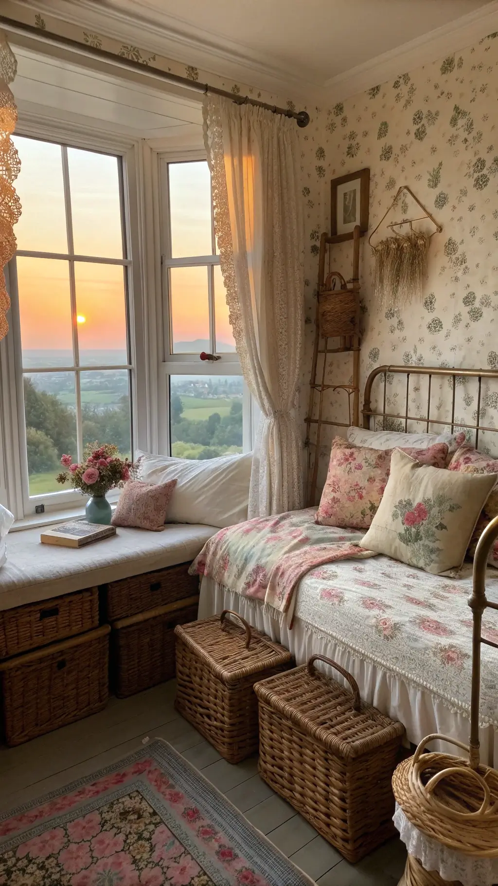 Vintage-style bedroom with botanical cushions, brass bed, floral wallpaper, wicker baskets, and rustic ladder bathed in warm sunset light