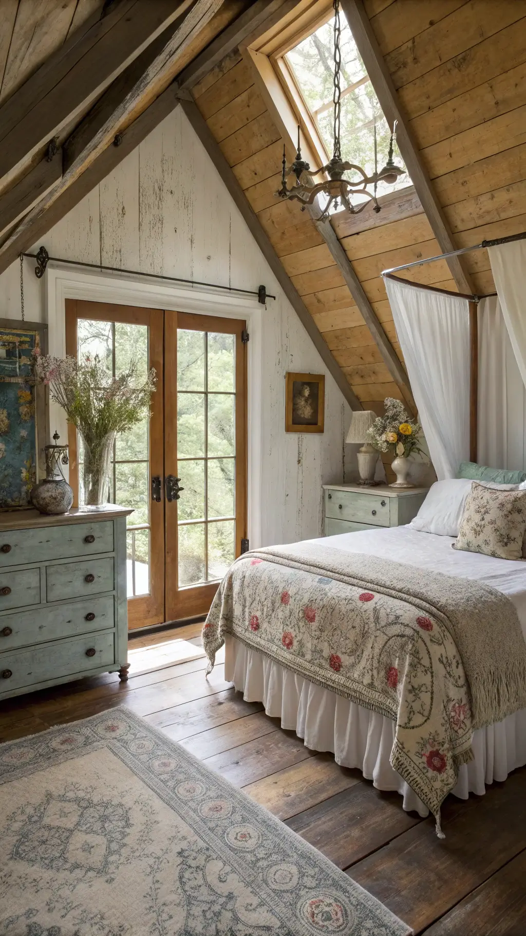 Cozy attic bedroom with vintage canopy bed, patchwork quilts, mismatched ceramic vases filled with dried wildflowers, and soft afternoon light
