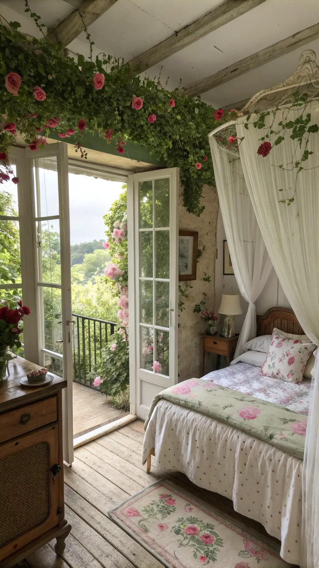 Vintage cottage bedroom with French doors opening to a rose-covered balcony, four-poster bed with sheer curtains, botanical pillows, and an antique vanity