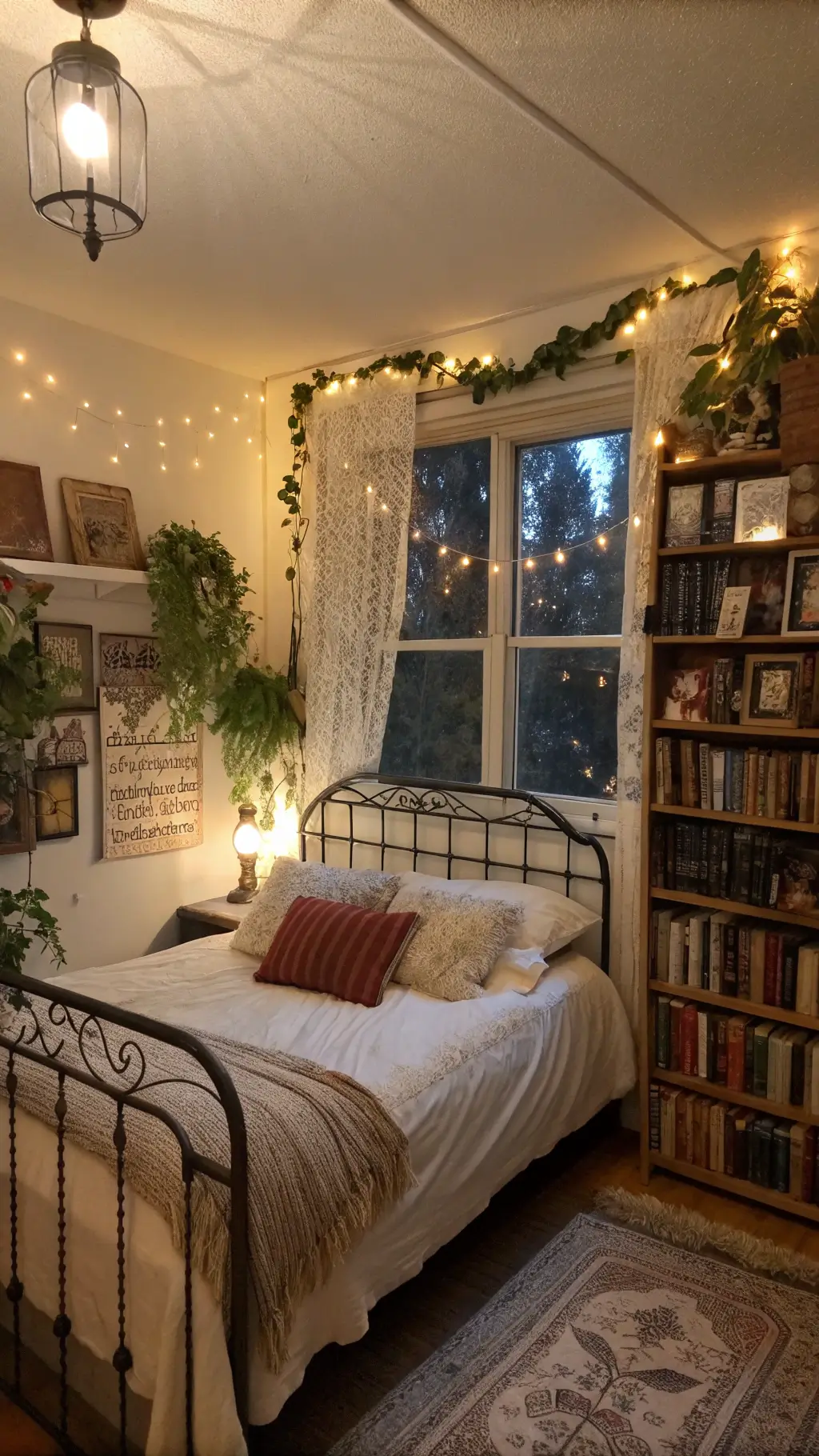 Romantic dusk-lit bedroom with vintage fairy lights, built-in bookshelves filled with leather-bound books, botanical prints, and wrought iron bed with lace linens