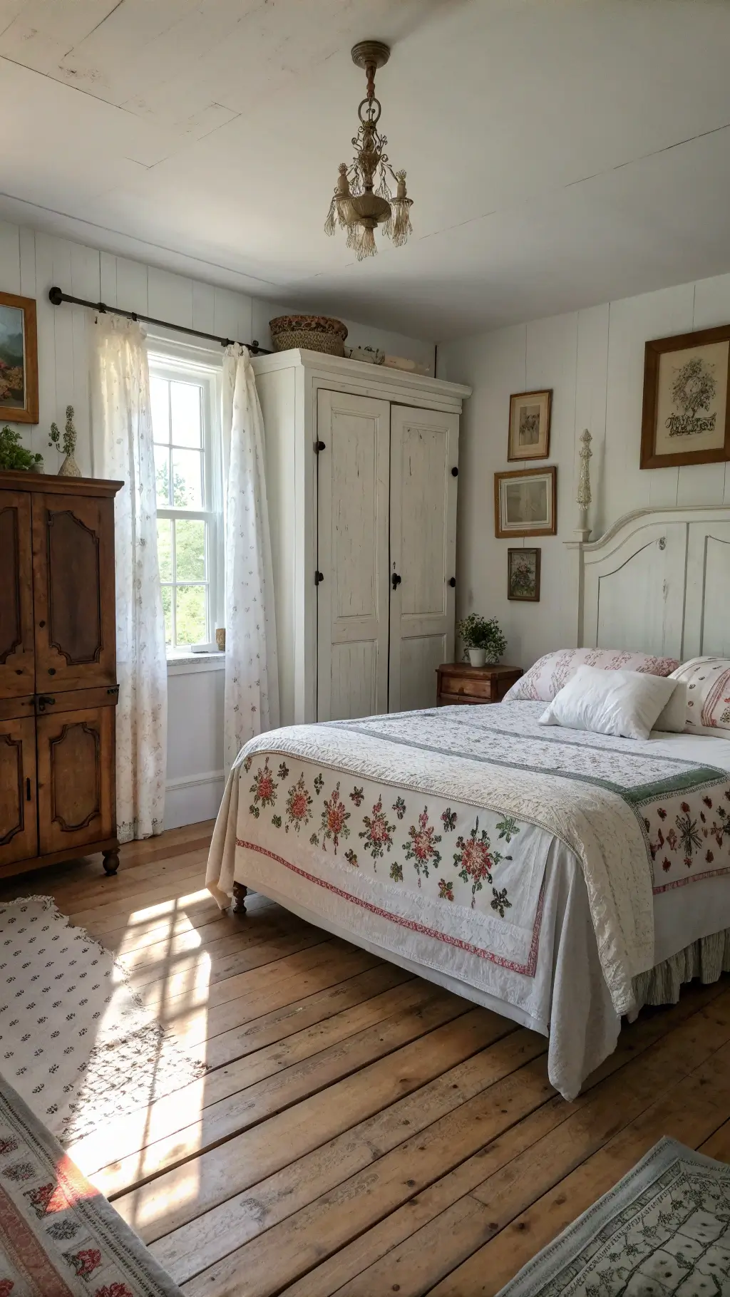 Rustic elegant bedroom with original wooden floors, white armoire, handmade quilt bed, vintage copper watering cans, and lace curtains filtering afternoon light