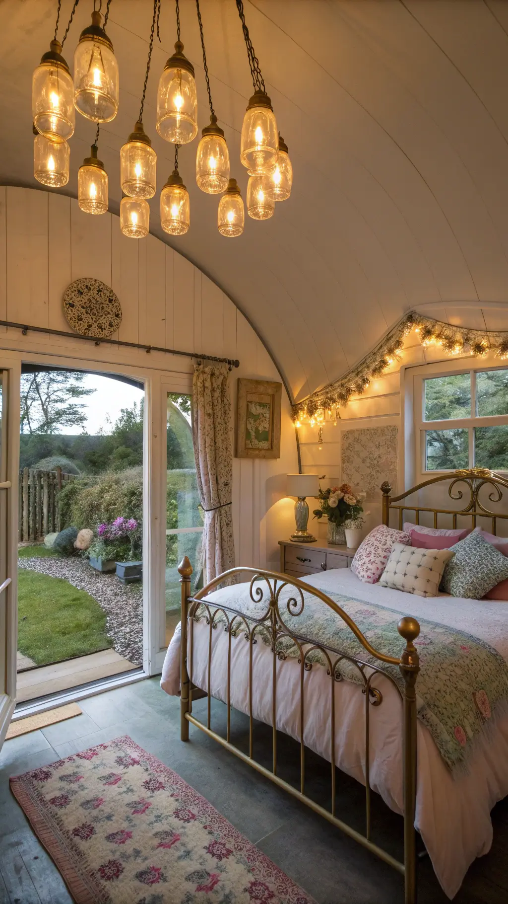 Twilight-lit bedroom with glowing mason jars, antique brass bed dressed in vintage linens, and embroidered cushions on window seat overlooking garden