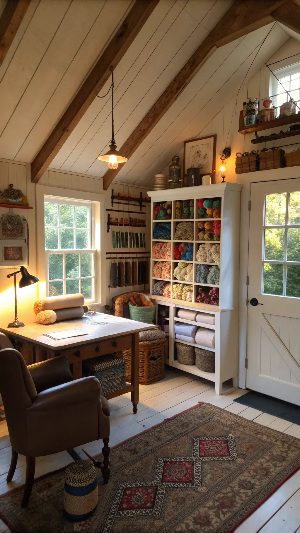 Layered textures in a vintage craft room