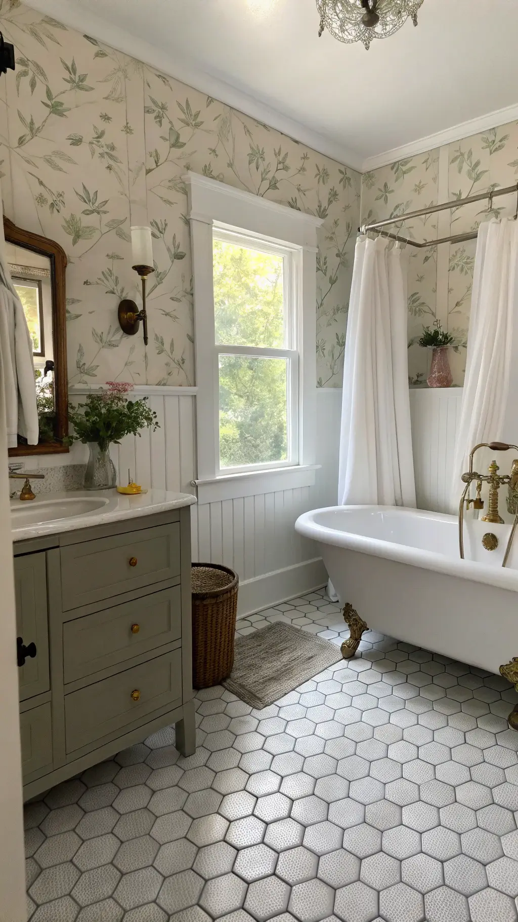 Dreamy cottage bathroom with clawfoot tub, hexagonal floor tiles, white beadboard walls, vintage wallpaper, antique dresser vanity, brass fixtures, and linen shower curtain bathed in morning light