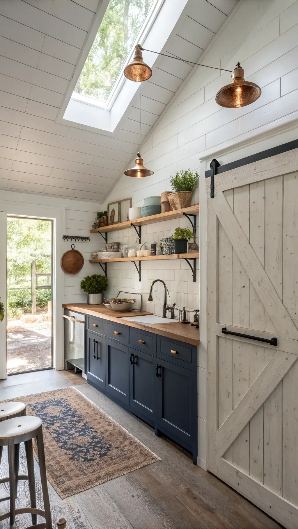 bright cabin kitchen with skylight, white shiplap walls, butcher block counters, navy cabinets, open shelves with pottery, barn door, pendant lights, woven stools, copper pots, and potted herbs