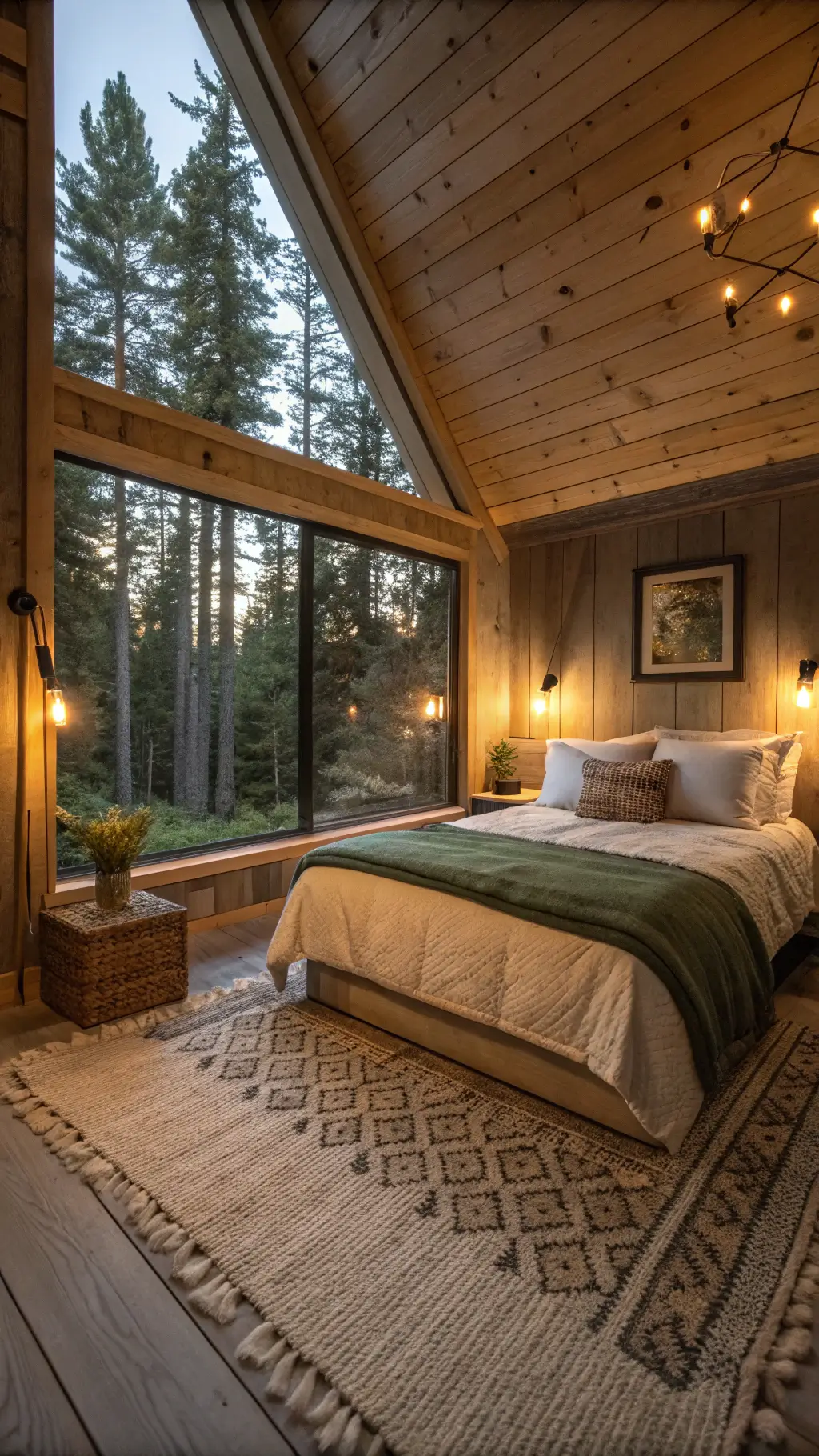 serene cabin bedroom with queen platform bed, forest green wool blankets, oatmeal linen sheets, vintage quilt, large window overlooking pine trees, sheepskin rug, dried botanicals, warm lighting