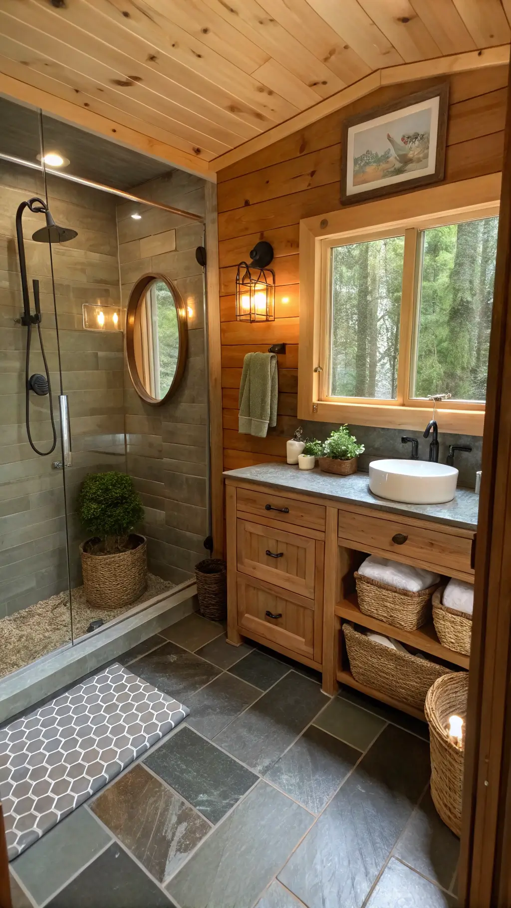 overhead view of cozy cabin bathroom with slate tile floor, cedar walls, glass shower, pebble floor, walnut vanity, round mirror, leather strap, brass fixtures, woven baskets, sage towels, potted fern, natural light