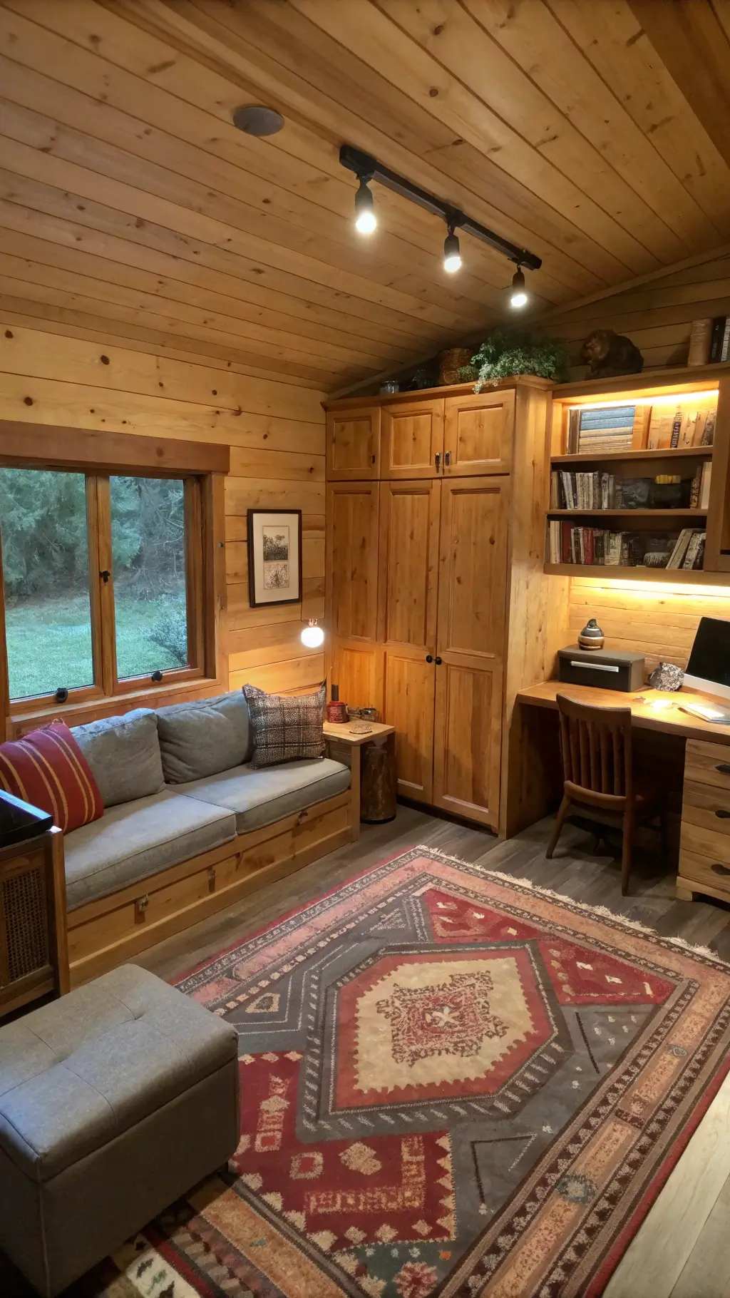 multi-functional cabin home office with hidden murphy bed, knotty pine built-ins, metal nesting tables, modular seating on vintage rug, leather poufs, wall-mounted lighting, ambient LED strips