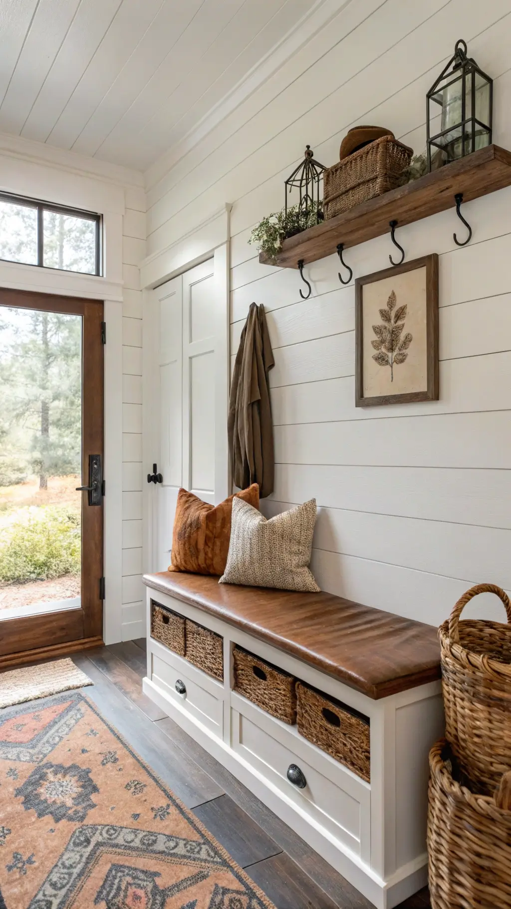 cabin entryway with white shiplap walls, iron coat hooks on reclaimed wood, built-in bench with leather cushion and drawer storage, woven baskets, wool throw, vintage artwork, soft light from dutch door window and wall sconce