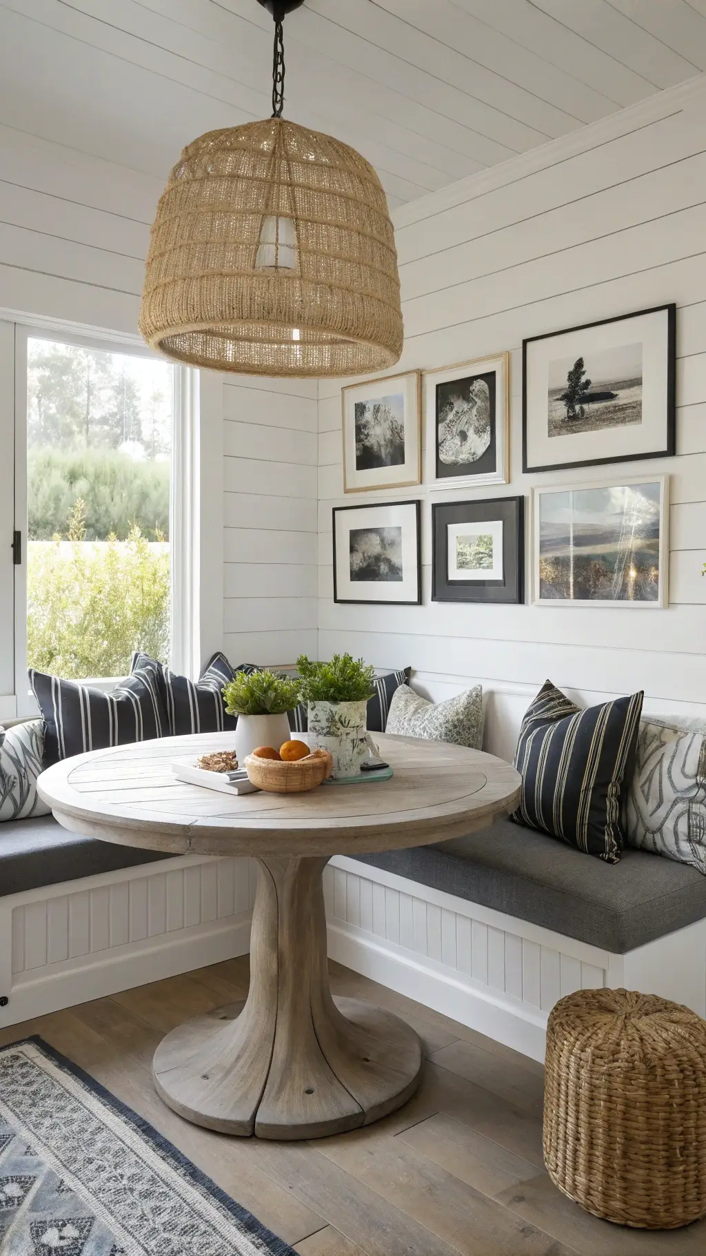 cozy dining nook with charcoal linen banquette, bleached oak table, black and white nature photos, pendant light, vintage ceramics, warm lighting