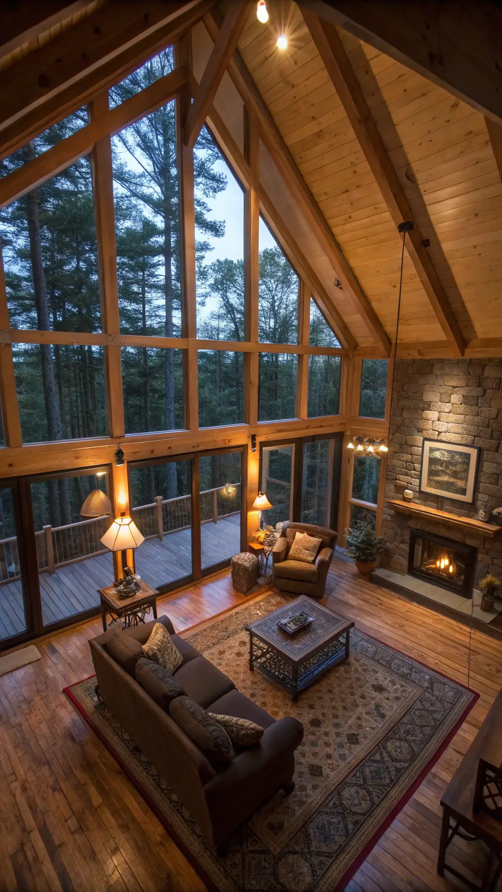 cabin great room at twilight with vaulted ceiling, exposed beams, floor-to-ceiling windows overlooking forest, tweed sectional sofa, leather swivel chairs, jute rug, live-edge coffee table, iron floor lamps, mixed natural and warm artificial light