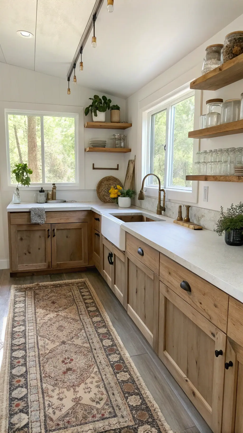 small cabin kitchenette with white oak cabinets, concrete countertops, brass hardware, open shelving with enamelware and glass jars, under-cabinet lighting, vintage runner rug, potted herbs, ceramic utensil holder, daylight from window
