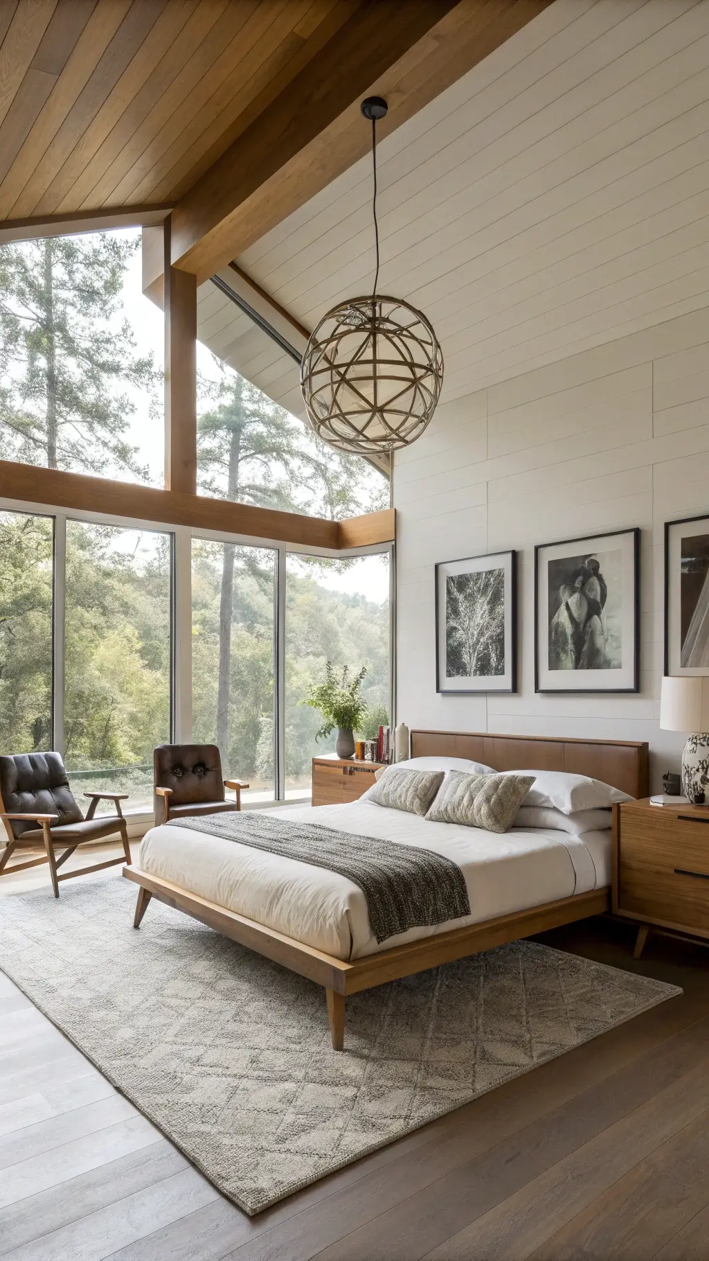 Mid-century modern styled bedroom with oak leather sling chair and walnut credenza