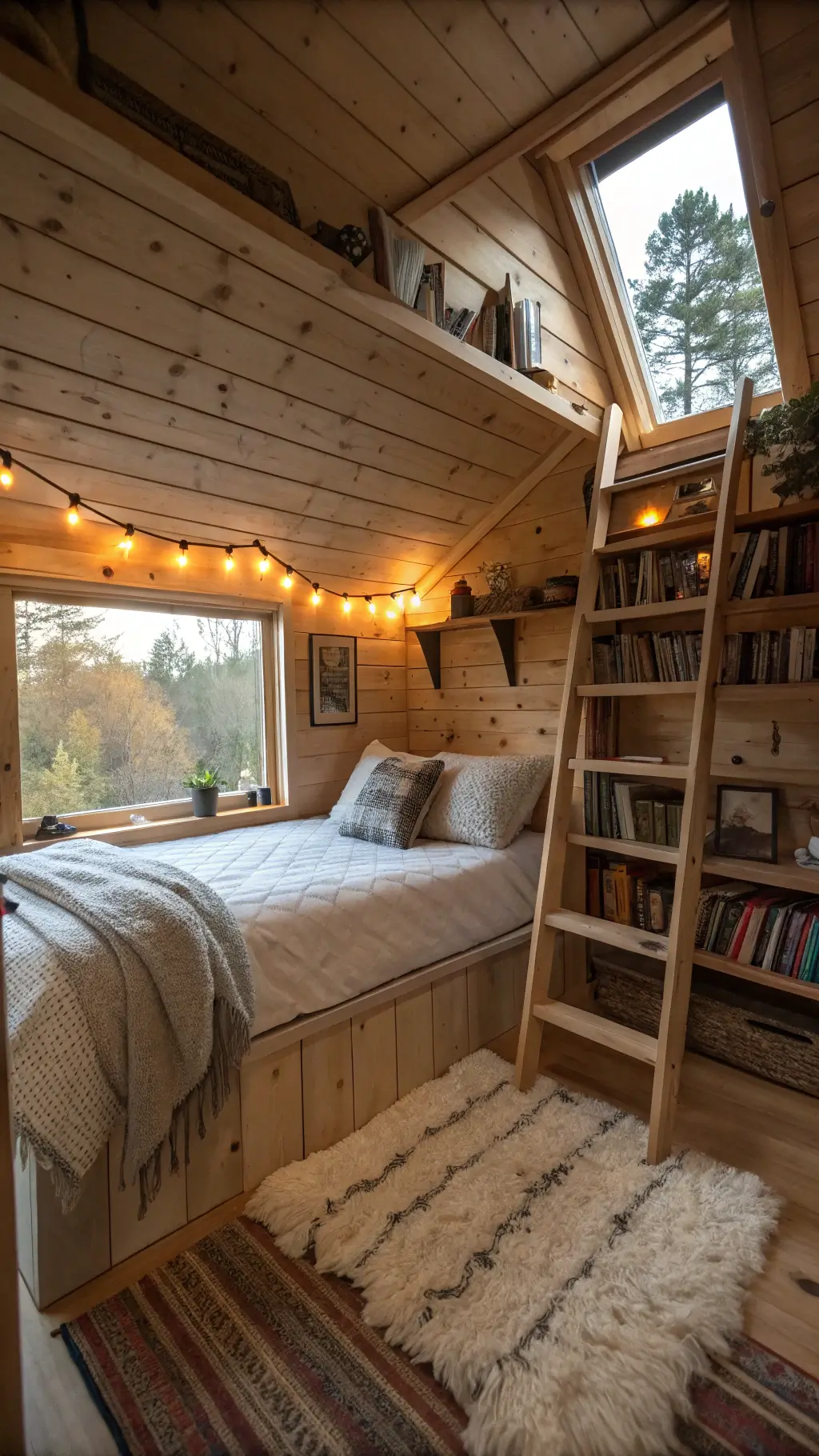 cabin loft with queen bed, linen bedding, wool throws, sheepskin rugs, reading nook, floating shelves with books and pottery, bright skylight illumination