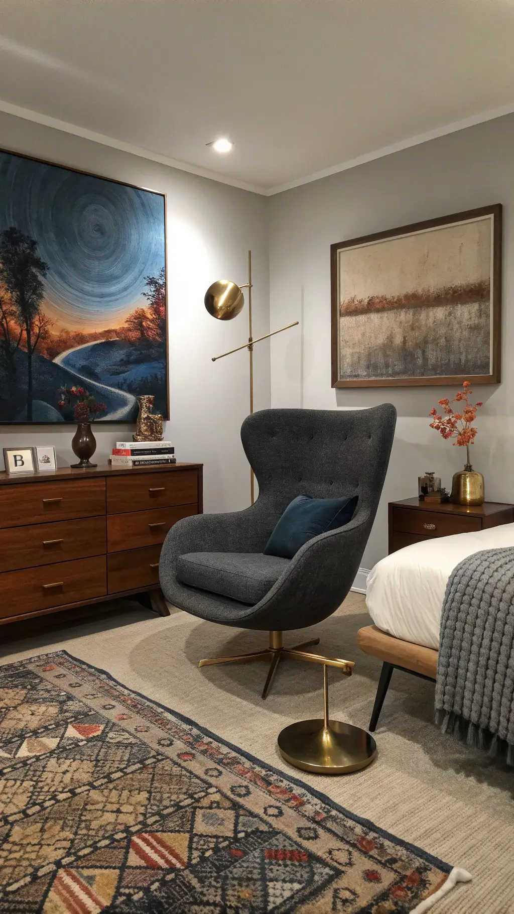 Mid-century modern bedroom with teak bed and brass floor lamp in moody lighting