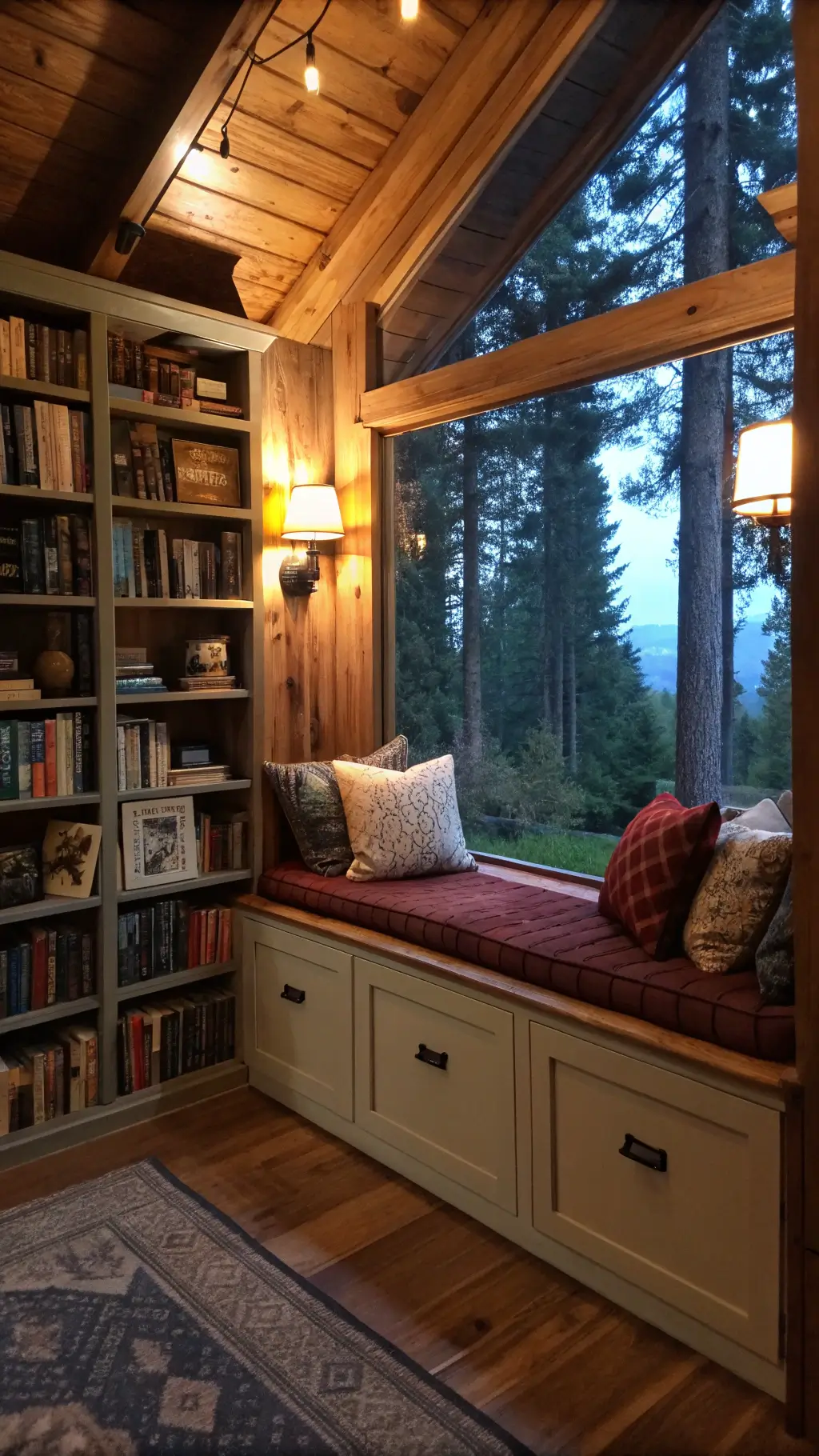 cozy cabin reading nook at dusk with warm lighting