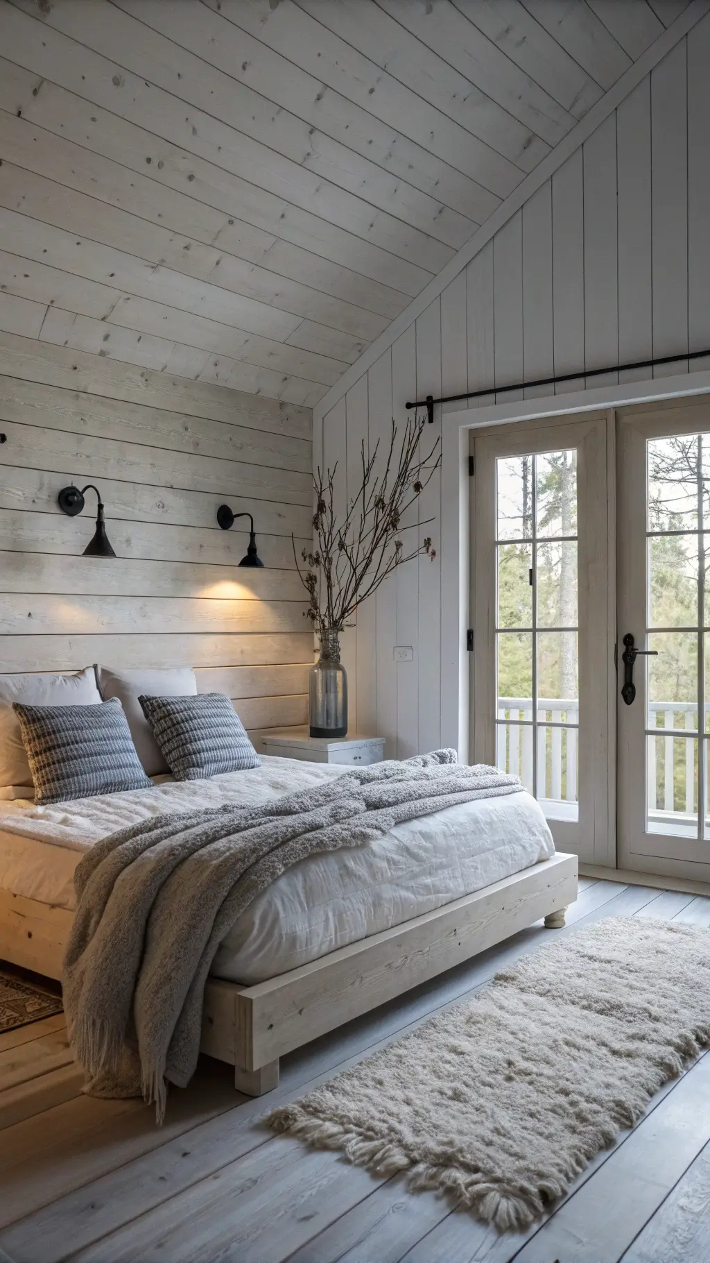 scandinavian rustic bedroom with king-sized platform bed sheepskin throws linen bedding black iron sconces whitewashed pine walls and ceramic vase
