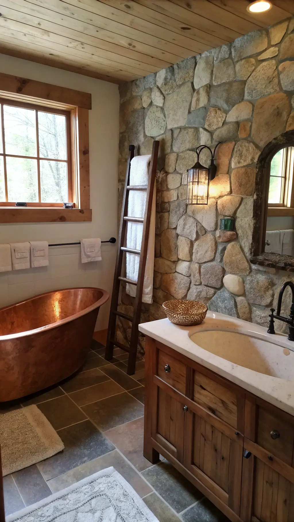 rustic bathroom with copper soaking tub stone accent wall reclaimed wood vanity and vintage ladder storage