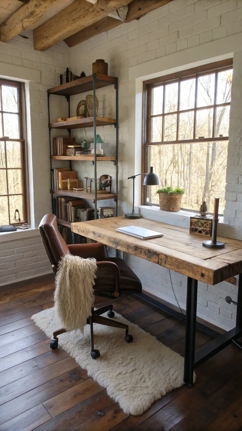 rustic home office with raw wood slab desk leather chair wool throw white brick wall and industrial pipe shelves