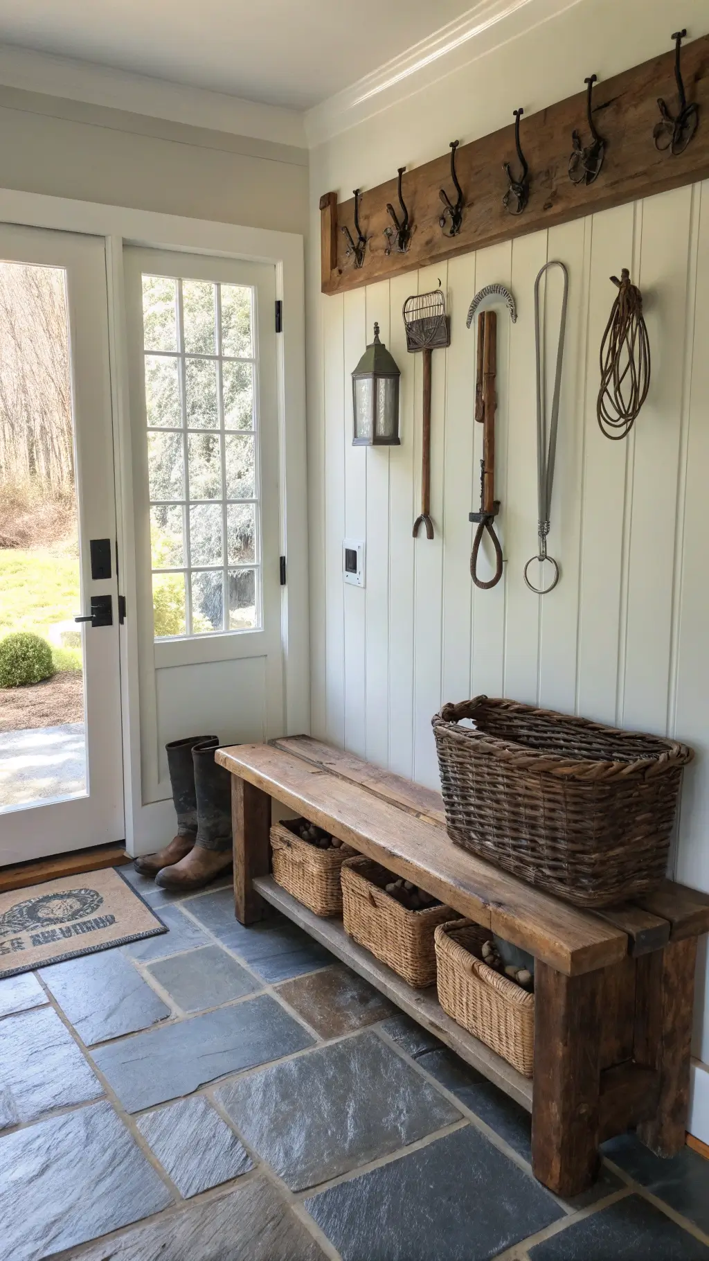 farmhouse entryway with reclaimed wood bench iron hooks vintage farm tools slate flooring and woven baskets