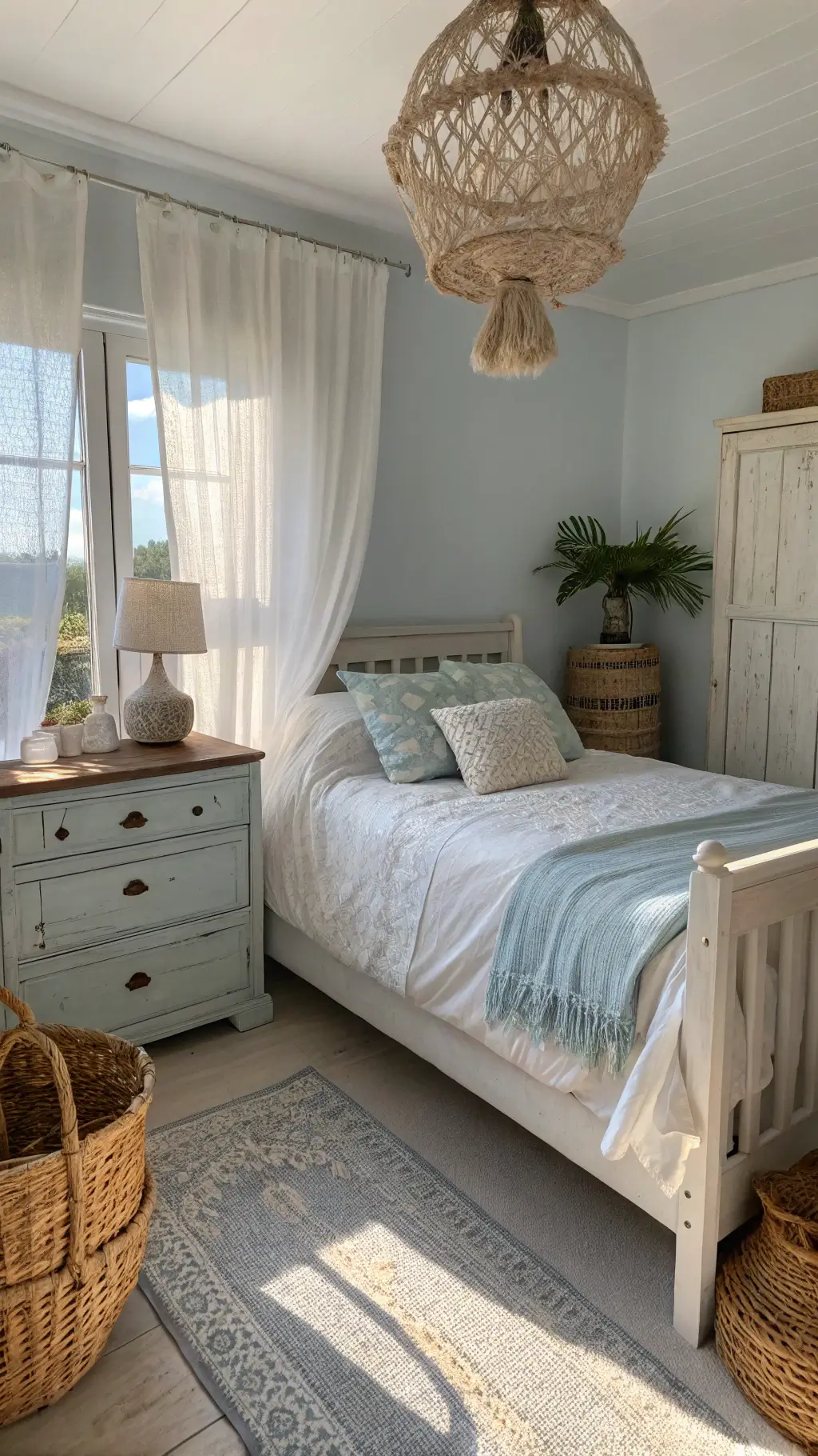 Coastal Bedroom with Linen Bedding and Soft Blue Walls