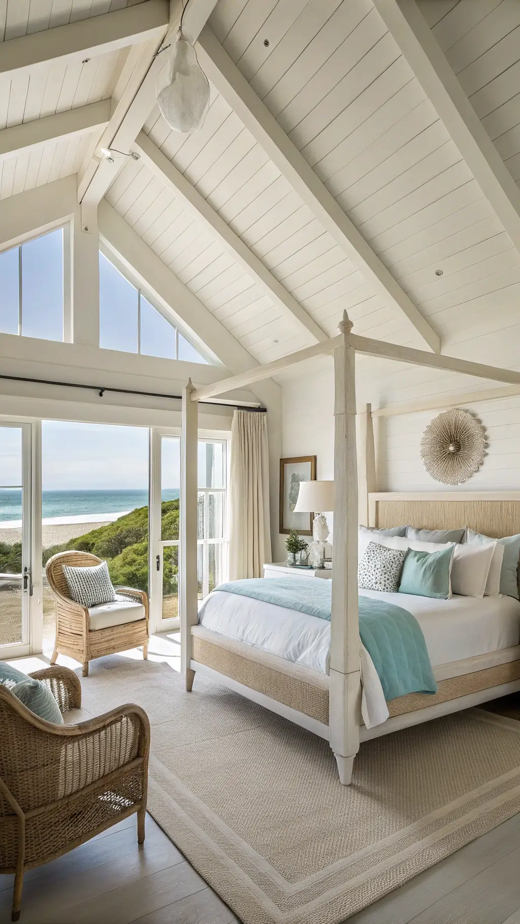 Bright Coastal Bedroom with White Vaulted Ceilings and Aqua Bedding