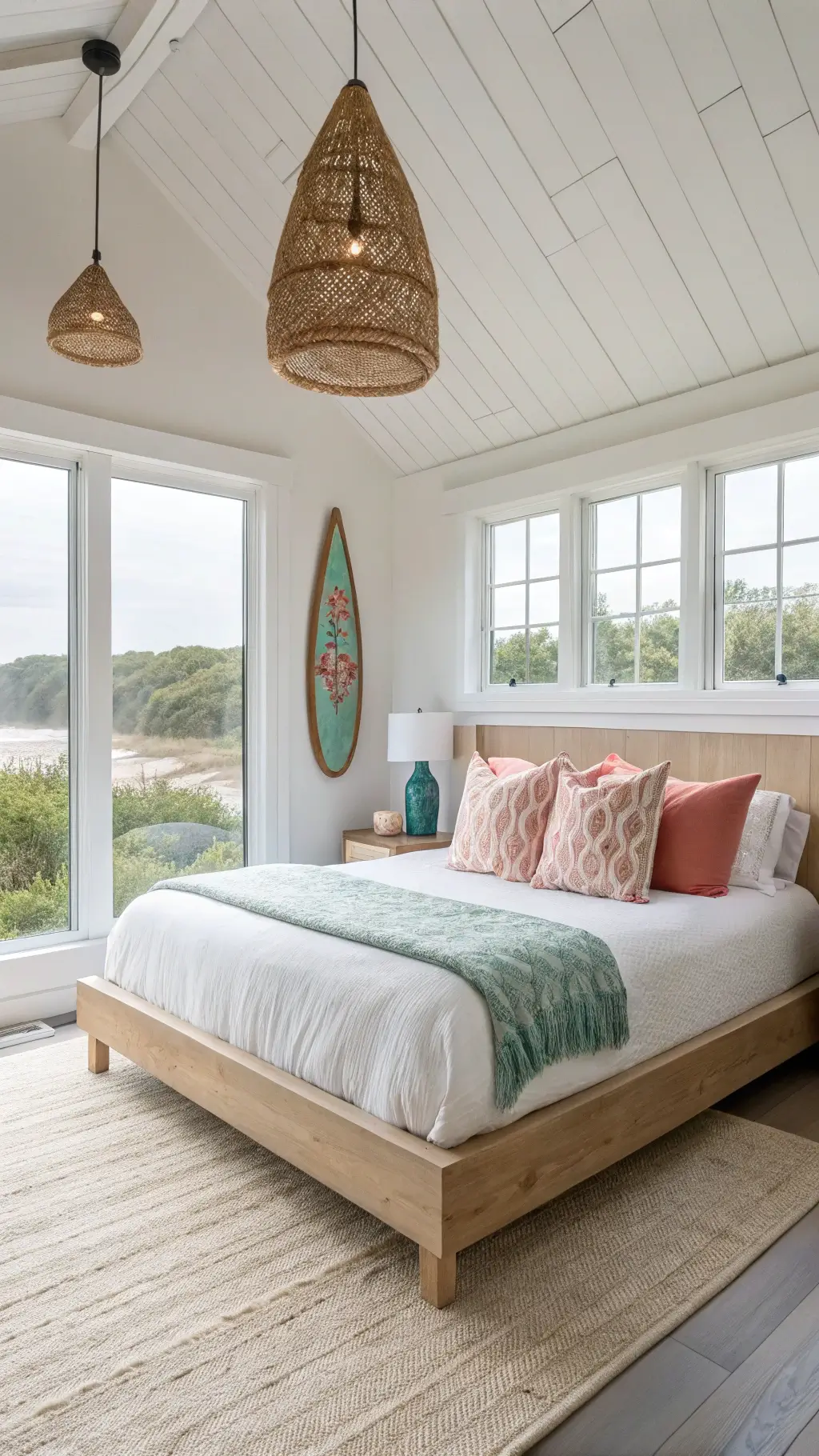 Modern Coastal Bedroom with Minimalist Platform Bed and Handwoven Pendant