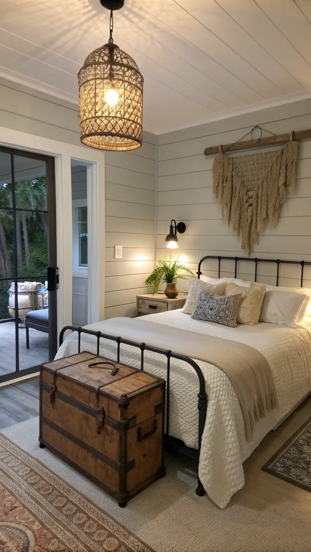 Cozy Coastal Bedroom with Shiplap and Seagrass Pendant