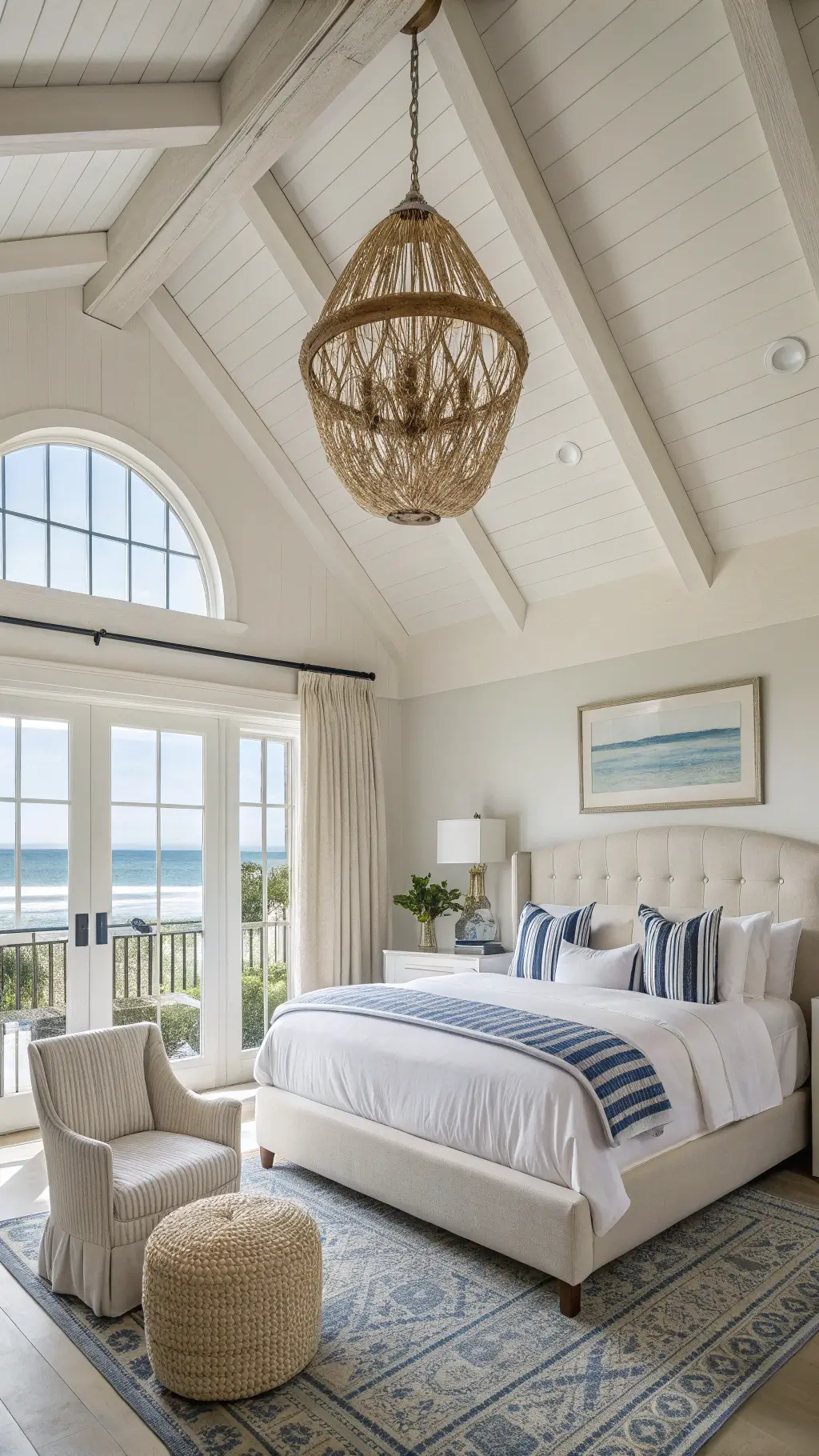Luxurious Coastal Master Suite with Rattan Bed and Blue Striped Bedding