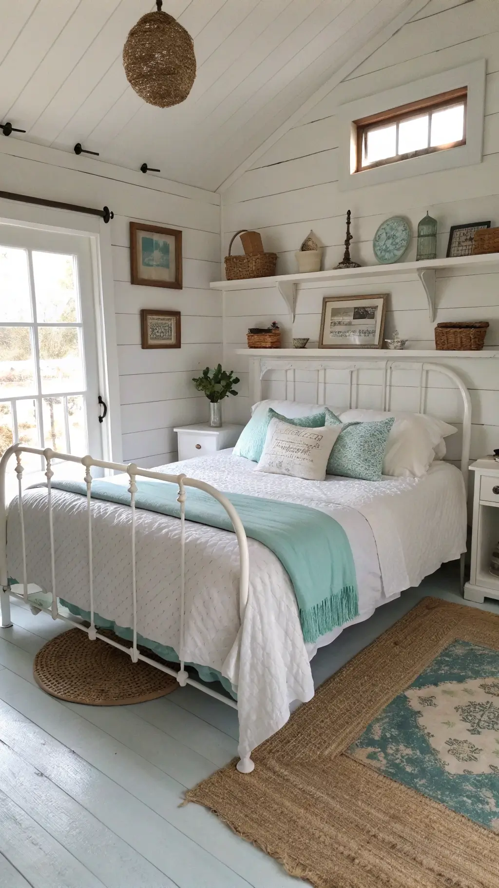 Vintage Styled Coastal Bedroom with White Iron Bed and Aqua Accents