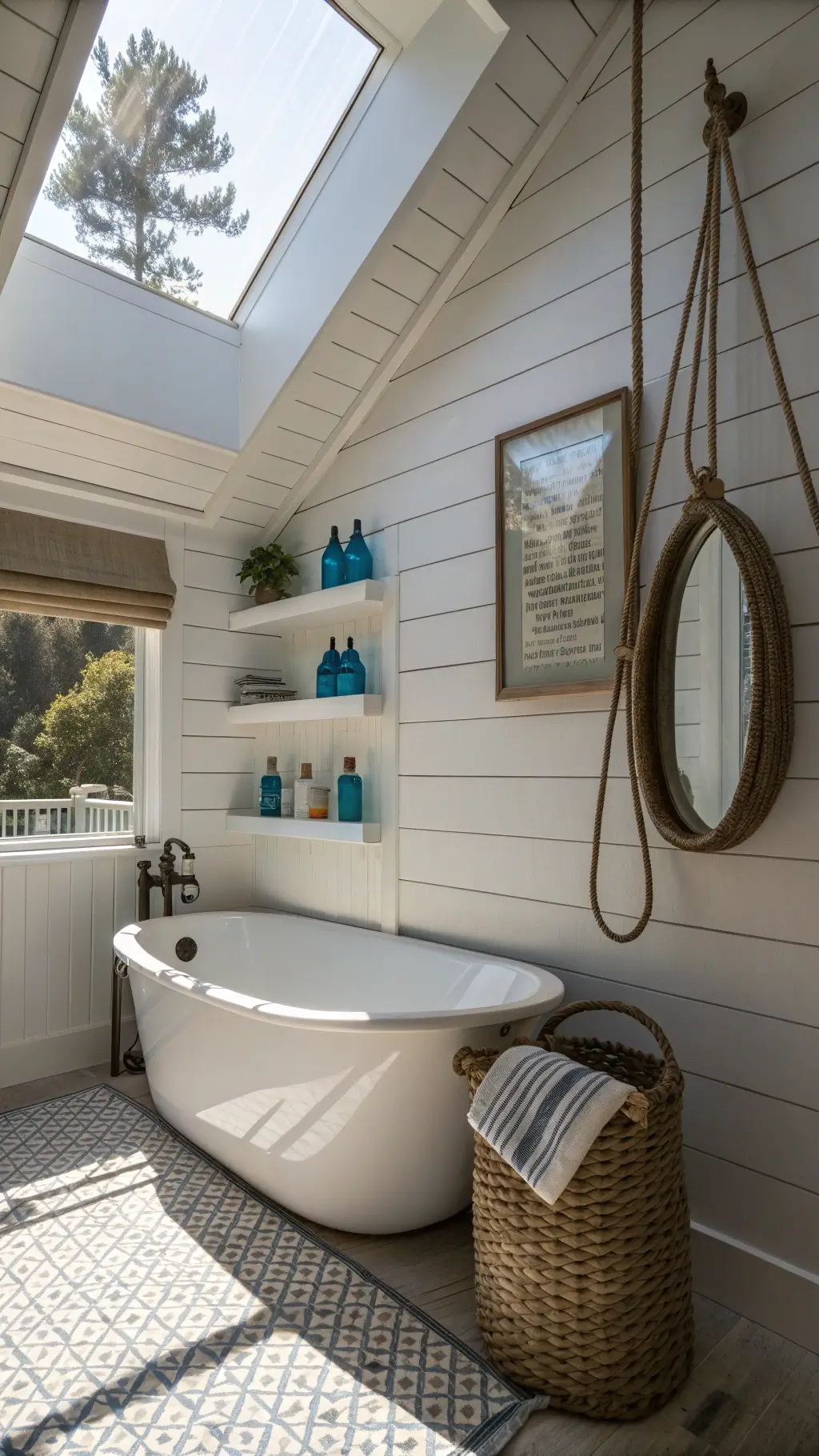 Coastal Decor: Your Ultimate Guide to Creating a Serene Beach-Inspired Home Spa-like coastal bathroom with white shiplap walls, a freestanding tub beneath a window, basketweave tile floor, and vintage blue glass bottles on floating shelves, lit by a skylight and sconce lighting.