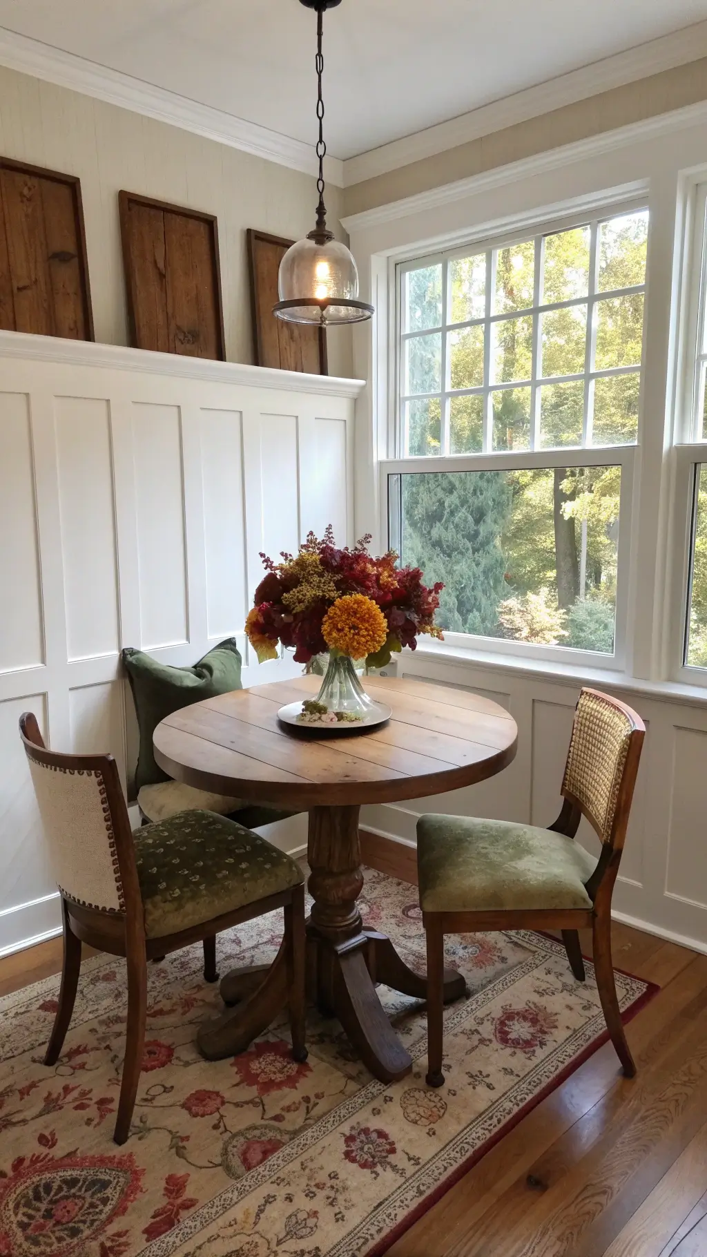 Top-down view of an intimate 10x12 ft dining corner with warm white board and batten walls, a distressed walnut pedestal table decorated with burgundy dahlias and amber maple leaves, surrounded by vintage Windsor chairs with olive velvet cushions, bathed in soft daylight.
