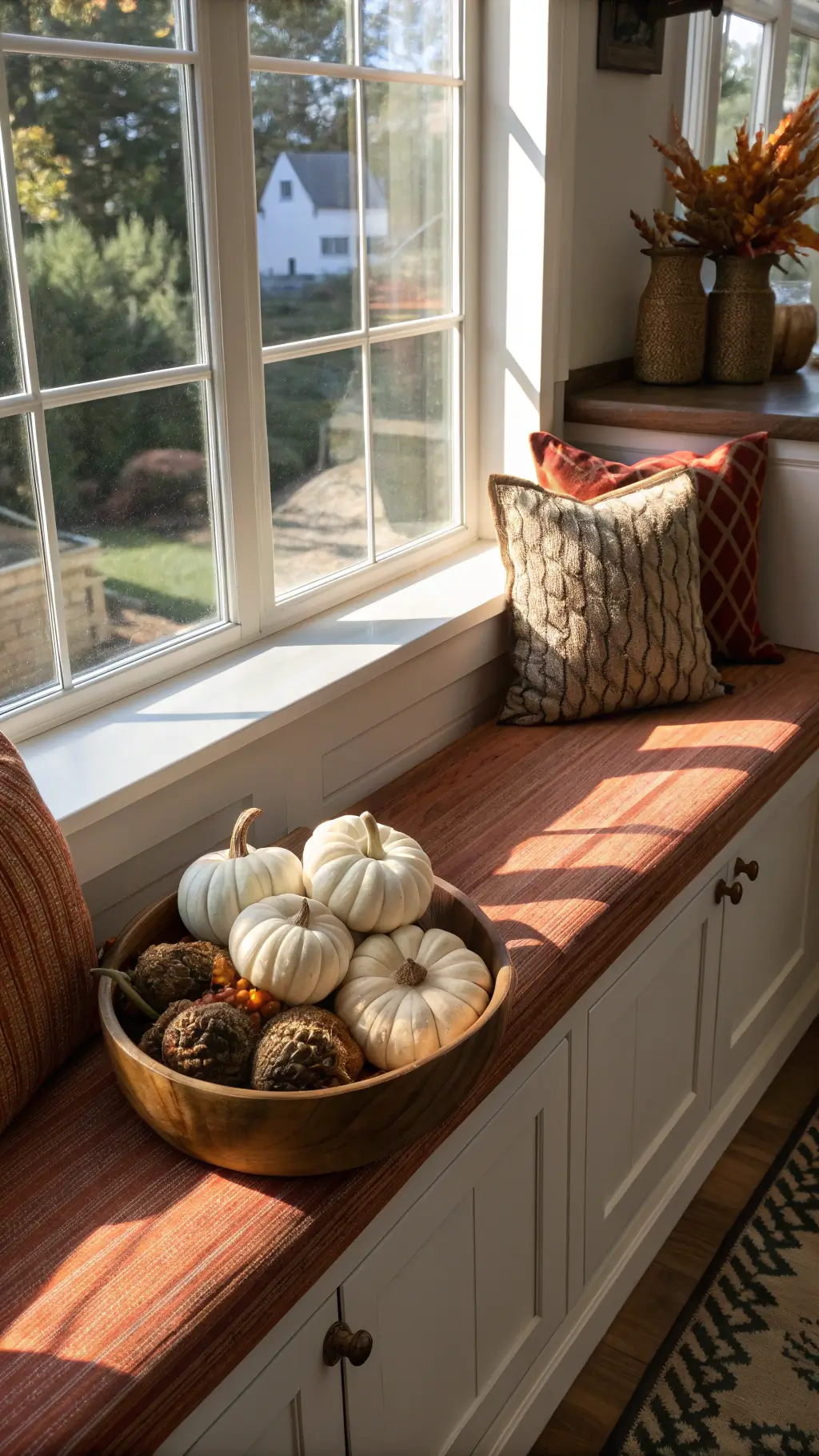 Bright kitchen nook with bay window, window seat with woven cushions, and a carved wooden bowl filled with mini white pumpkins and dried artichokes.