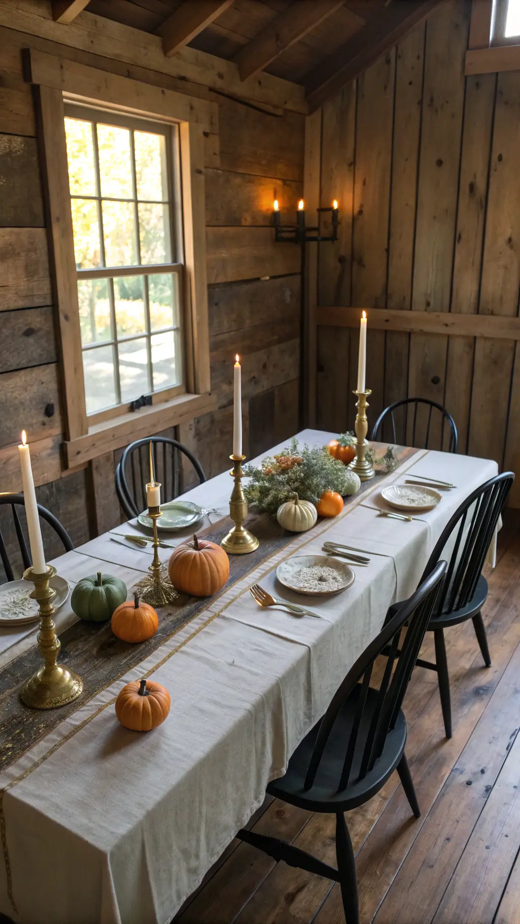Rustic dining room with reclaimed wood walls, distressed black chairs, farmhouse table set with linen runners, brass candlesticks, and mini pumpkins in muted orange and sage, bathed in soft morning light.