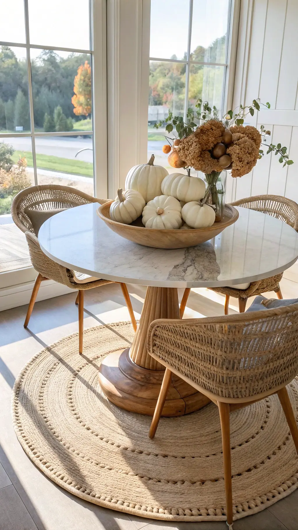 Bright breakfast nook with round marble table, woven chairs, white pumpkins, dried hydrangeas, layered jute and kilim rugs, and floor-to-ceiling windows.