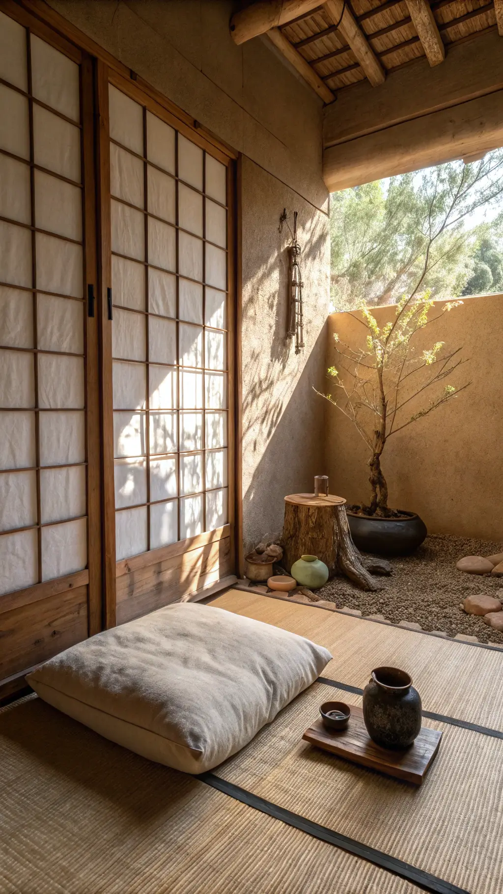Calm Wabi-Sabi interior with natural light and rustic elements