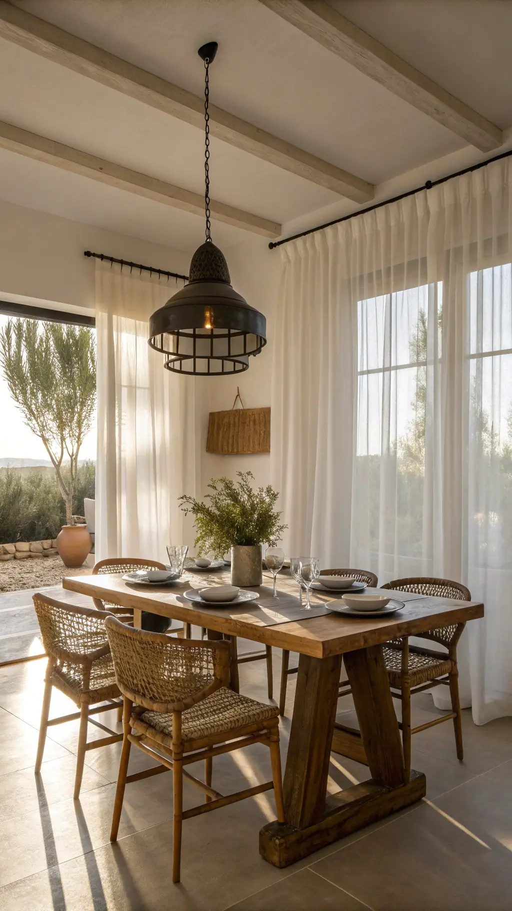 Dining area with live-edge wood table, linen curtains, and artisanal stoneware