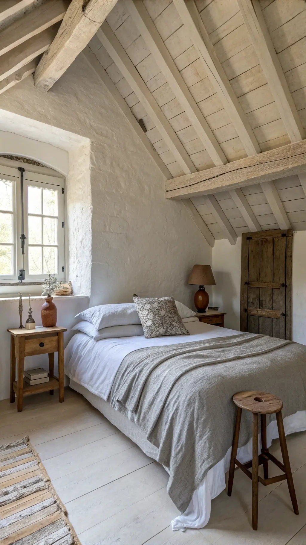Wabi-Sabi styled living room with rustic furniture and natural light