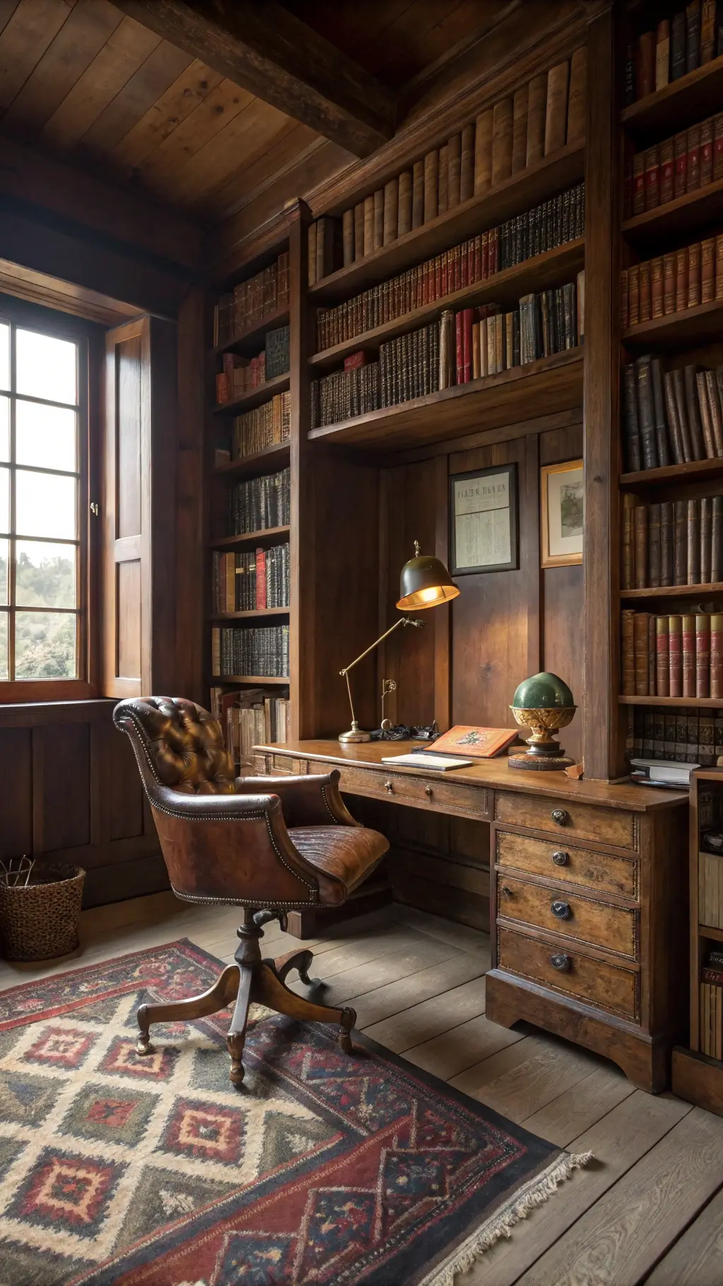 Cozy study with vintage leather chair, wool rug, and brass lamp