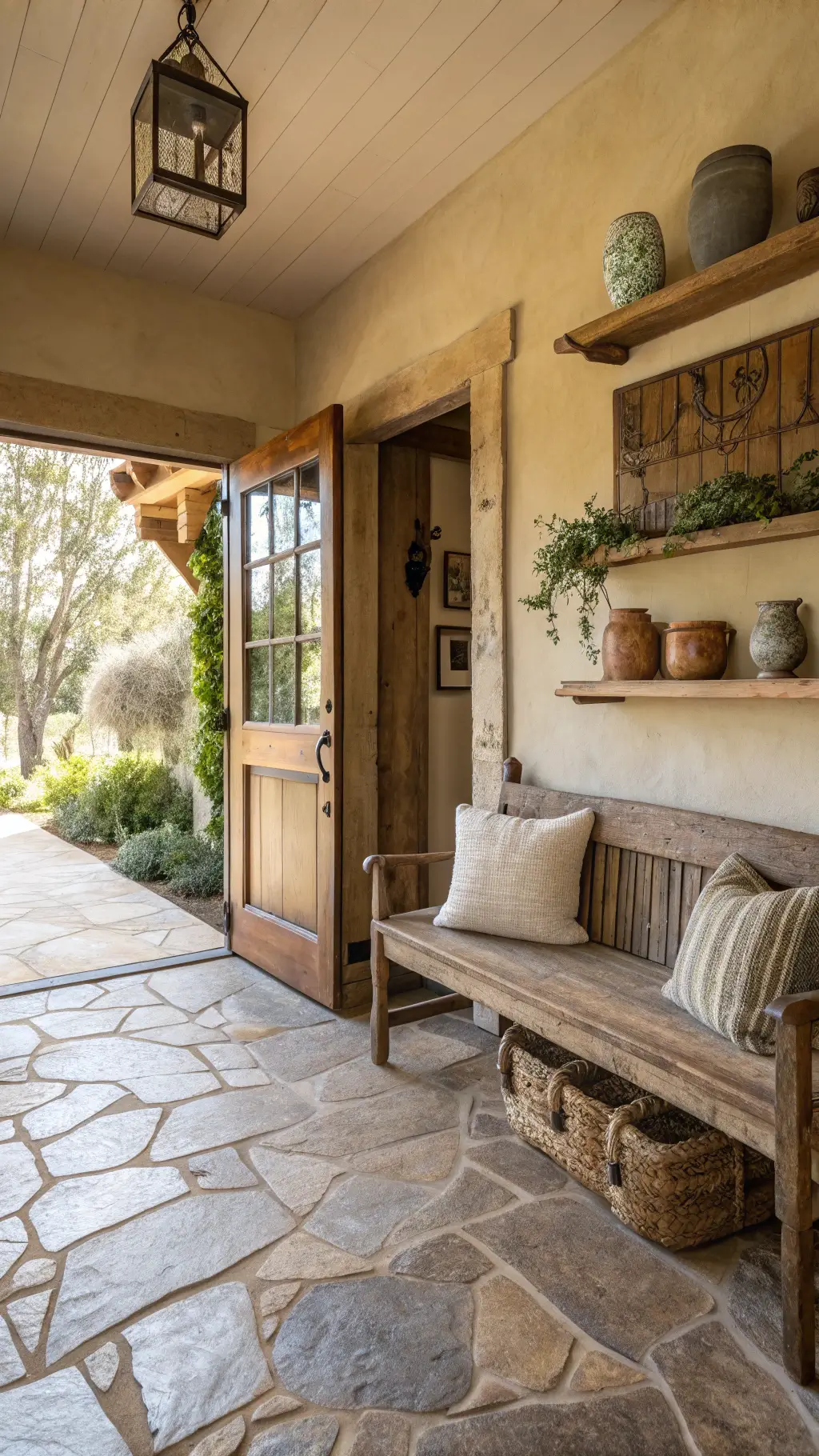 Inviting entryway with natural stone floor, clay walls, and rustic wooden bench
