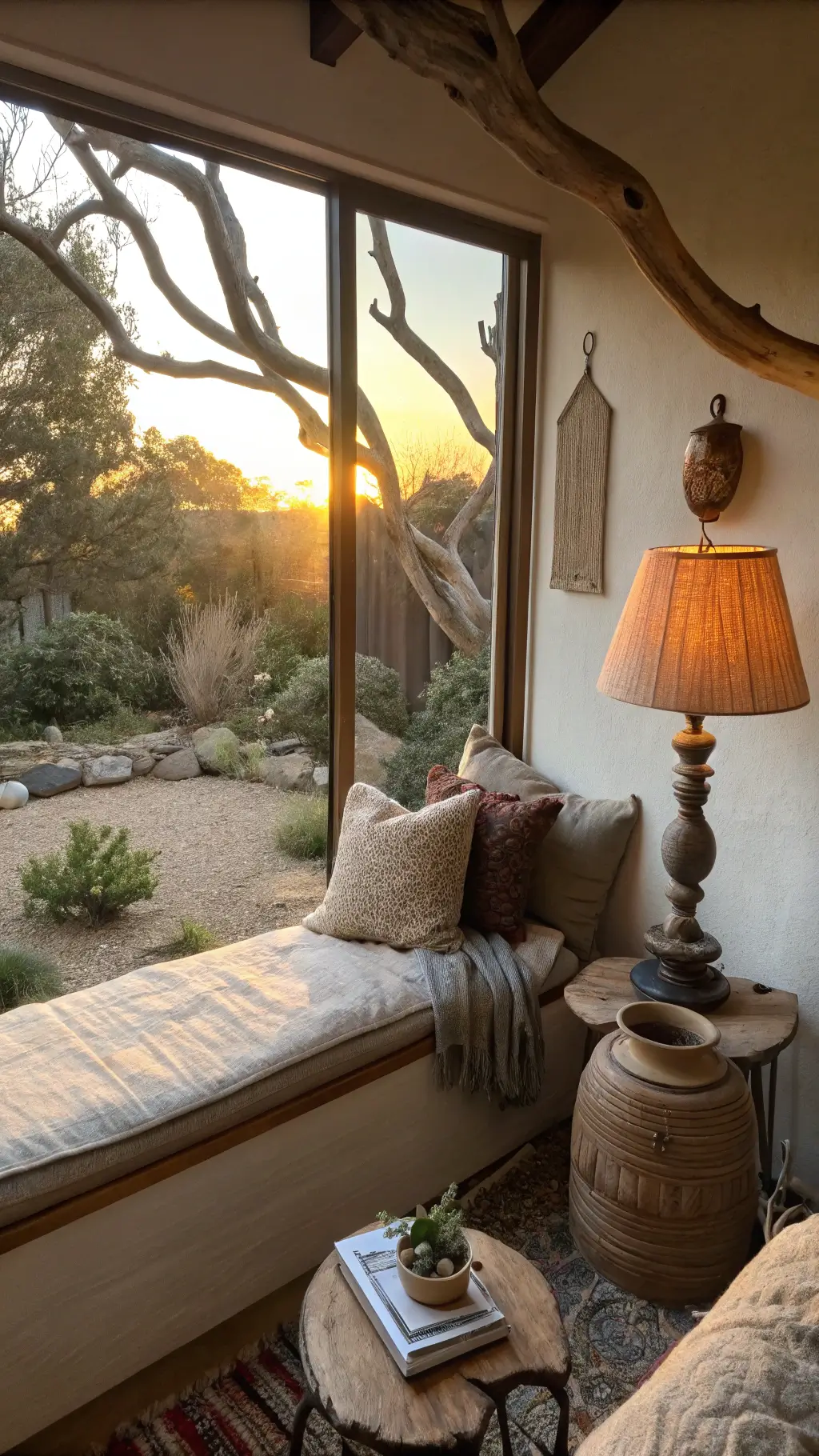 Serene Wabi-Sabi living space with natural light and rustic decor