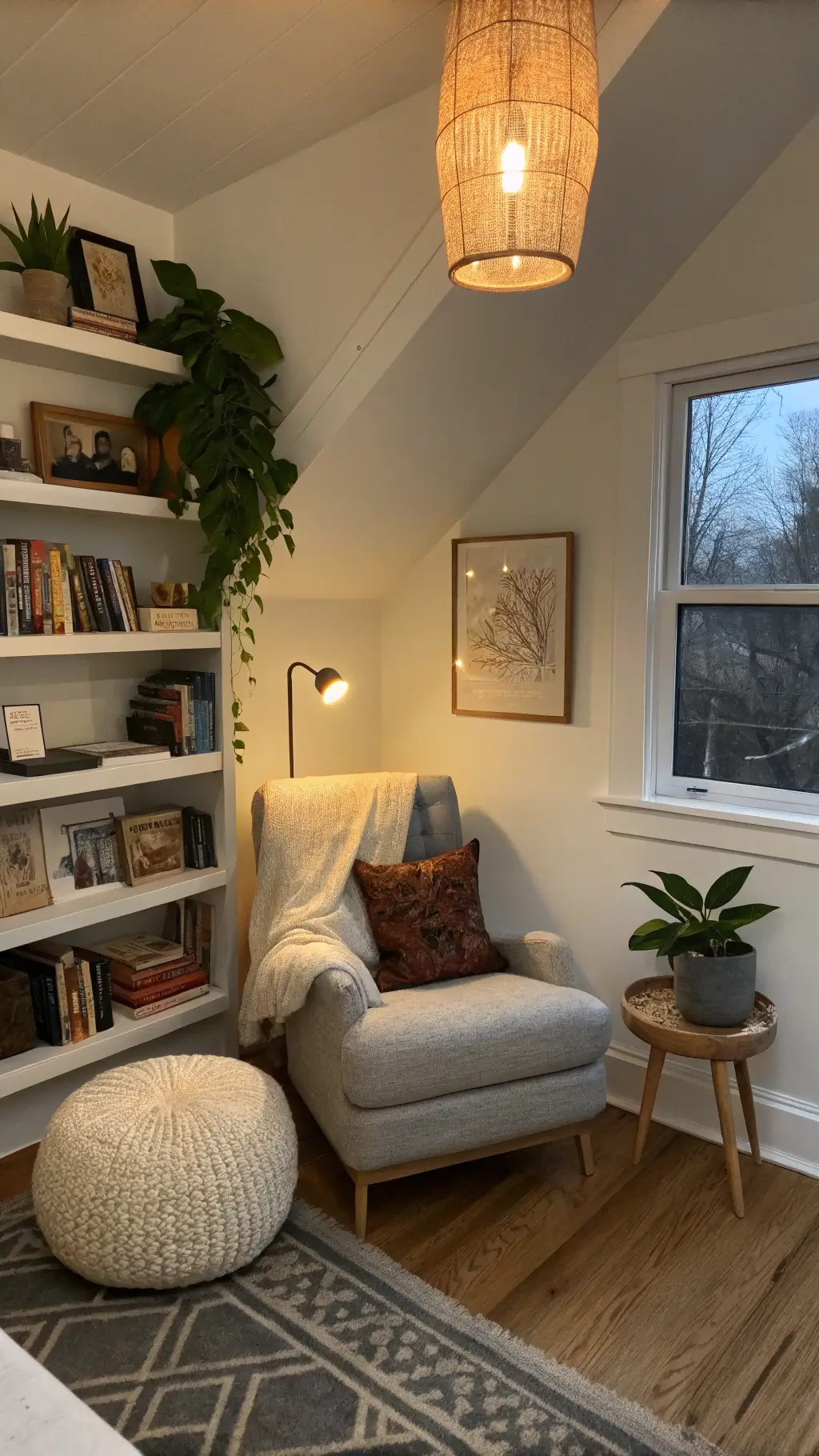 Cozy hygge-inspired reading nook with white oak shelves, oversized gray linen armchair, cream wool pouf, ceramic pendant light, Swedish-style window seat with fiddle leaf fig