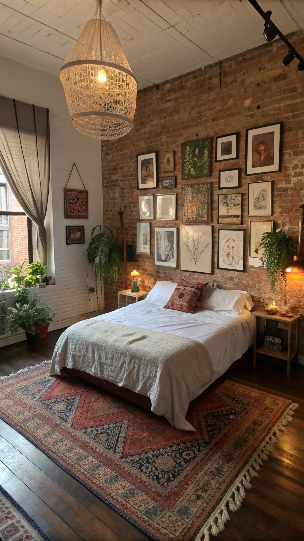 Bohemian bedroom with vintage frames and layered textures
