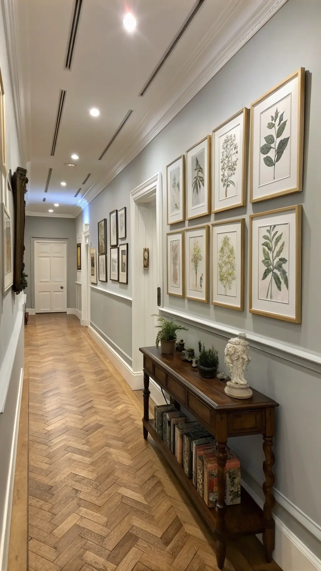 Gallery-style hallway with botanical prints and museum lighting