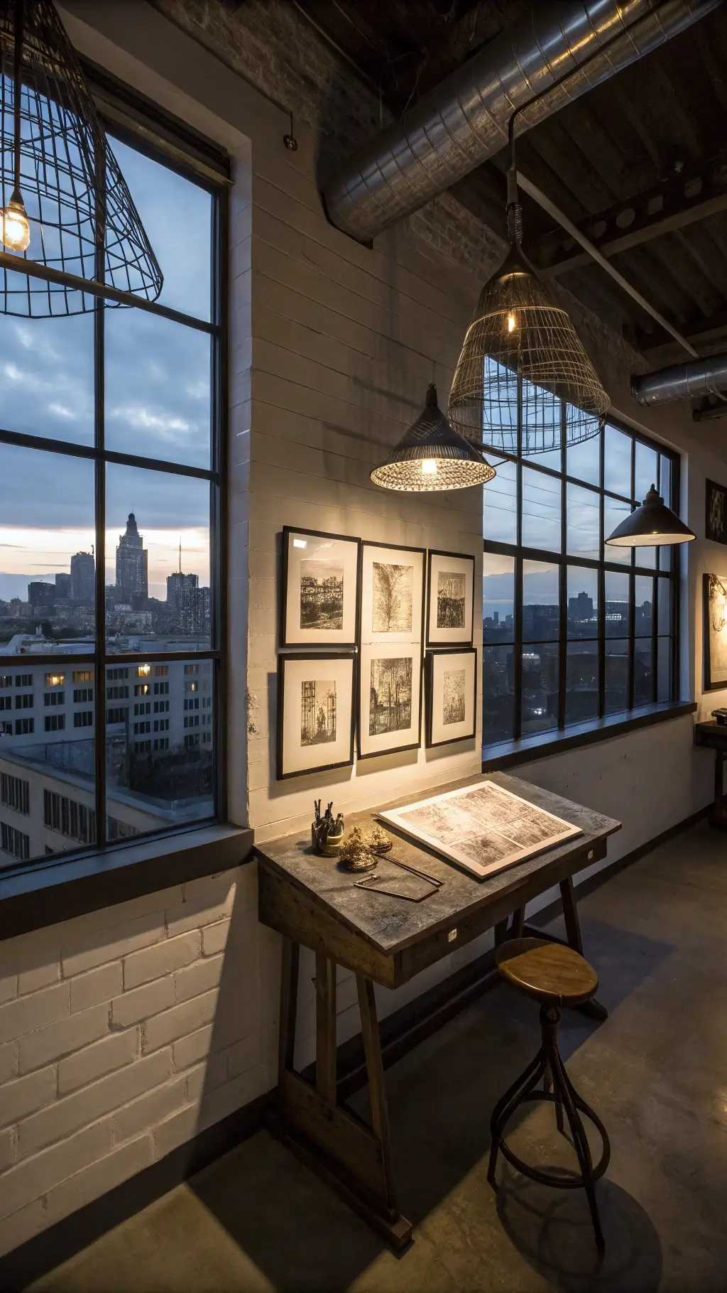 Industrial style home office with black and white photography