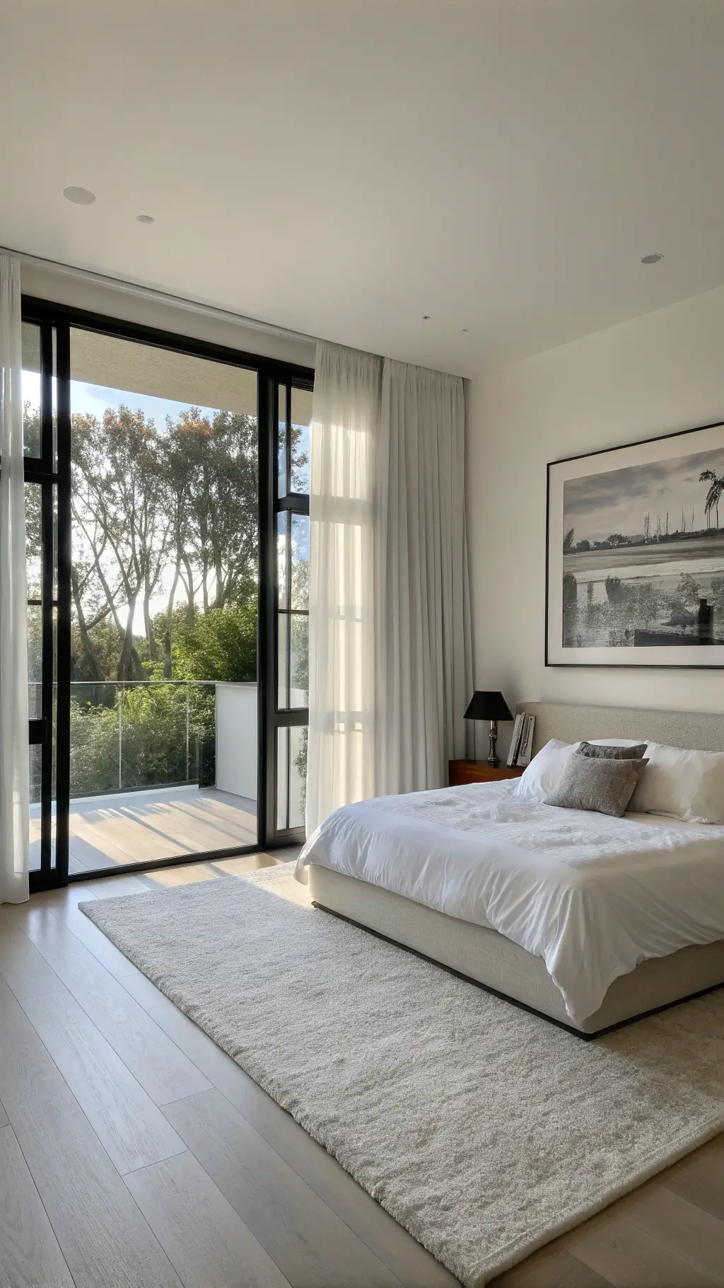 Minimalist bedroom with natural lighting and photography
