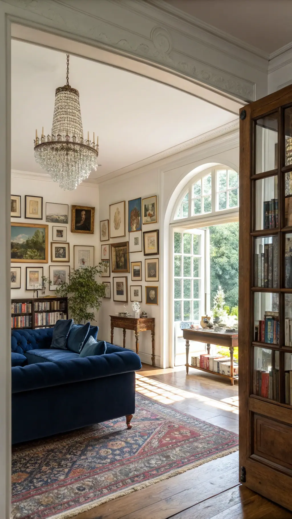 Elegant living room with mixed vintage and modern art
