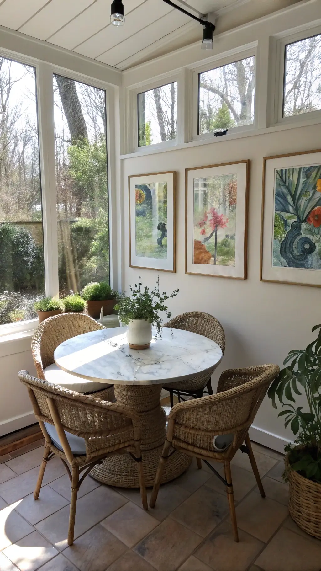 Sunlit breakfast nook with modern watercolor art