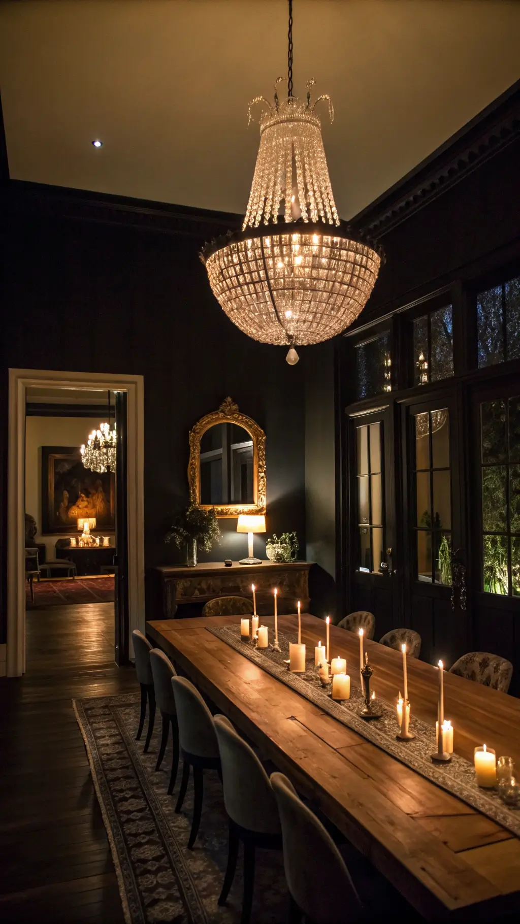 Sophisticated dining room with illuminated art and crystal chandelier